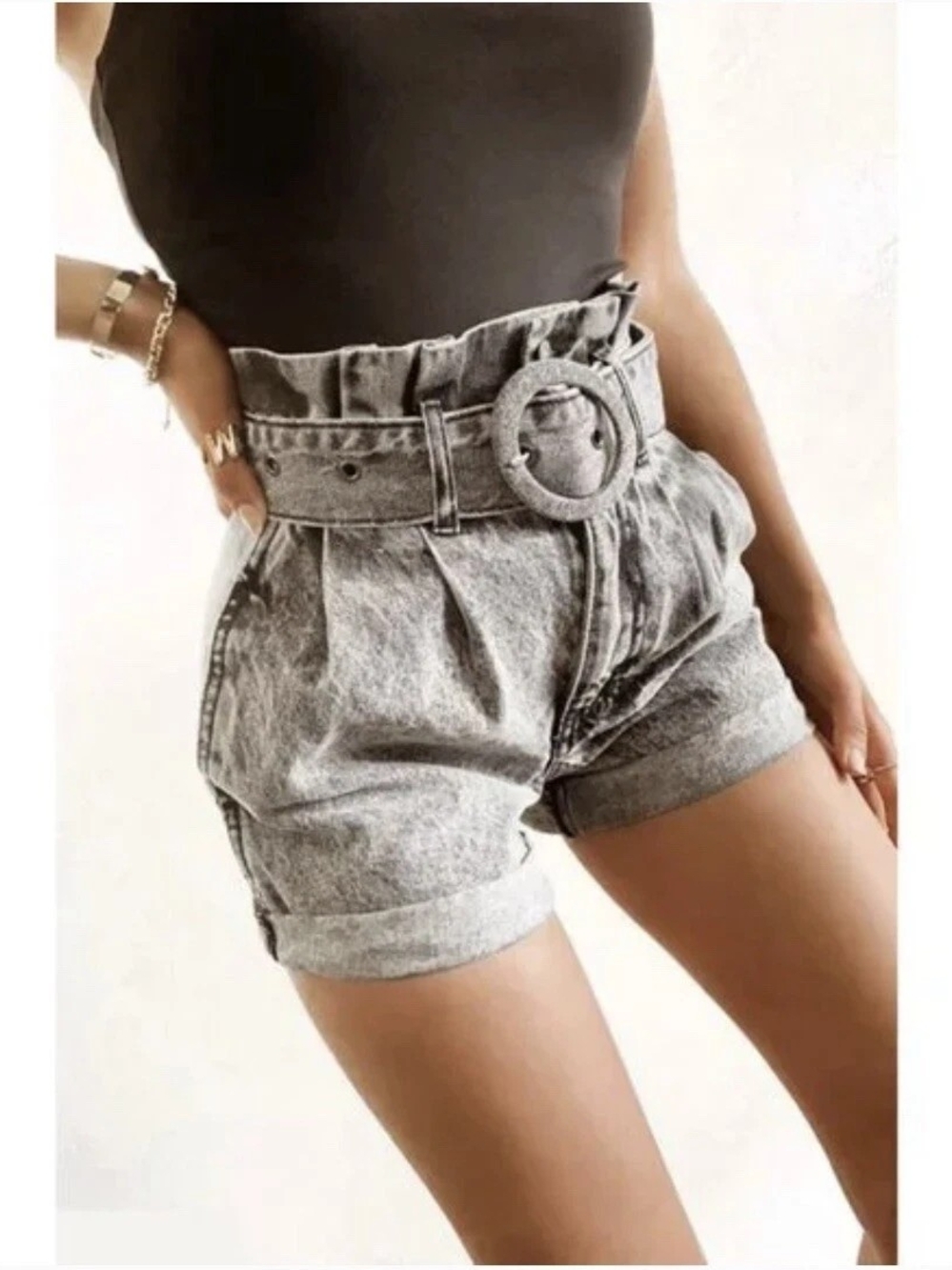 Forever 21 Acid Wash High-Waist Paperbag Shorts with Matching Belt